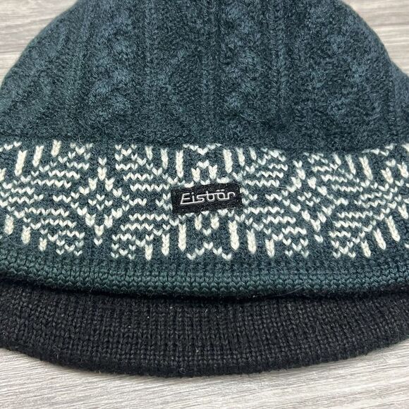 Vintage Eisbär Beanie Hat Cap Eistor Knit Merino Wool Aztec Tribal Teal‎ Blue